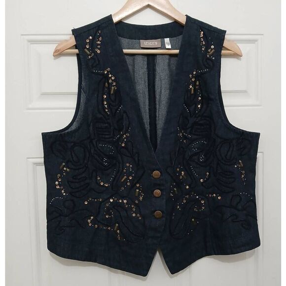 Chicos womens large indigo blue denim jeans art to wear vest - Picture 1 of 5